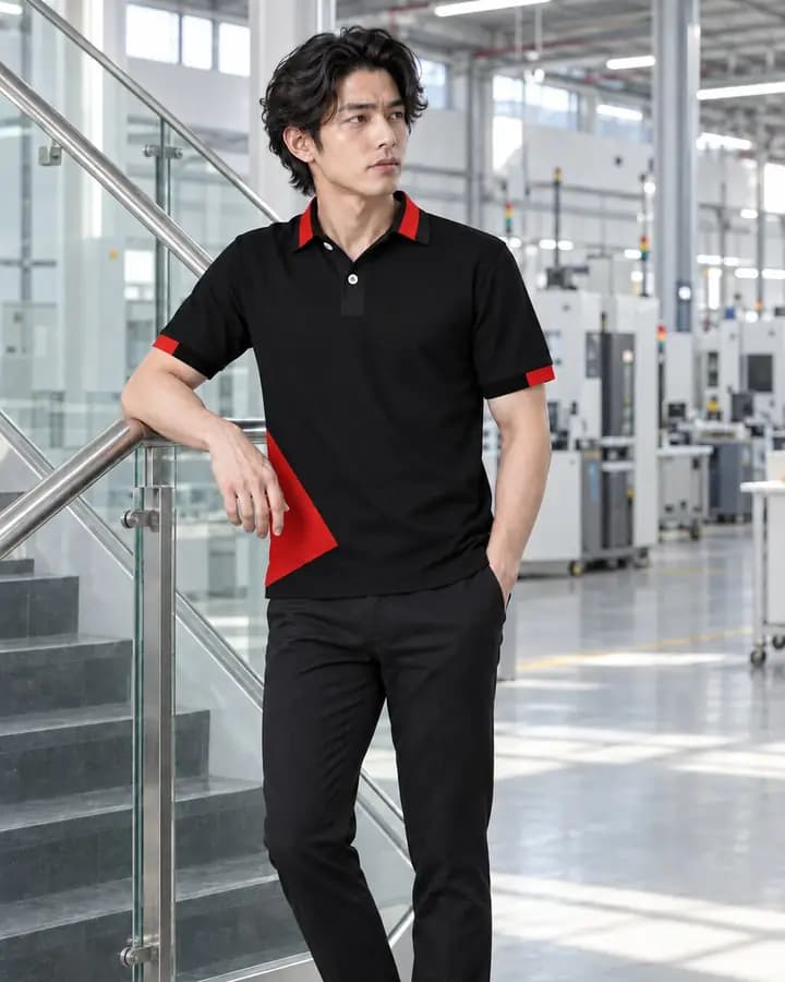 เสื้อโปโลสีดำ มุมชายเสื้อ สีแดงสด พร้อมแขนจั๊มครึ่ง 2 สี ปลายปกตัดต่อสี