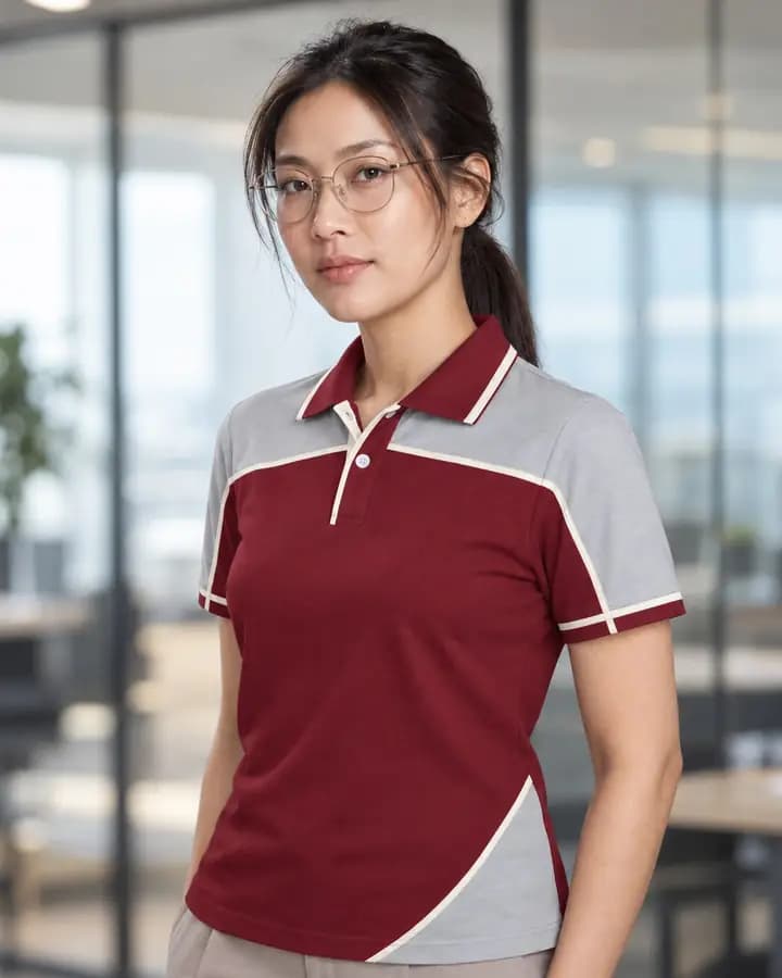 เสื้อโปโลสีแดงเลือดหมู ตัดบ่าและชายข้างลำตัว สีครีมและเทา พร้อมแขนกุ๊นแลบ ปกขลิบปลายแถบหนา สาบแลบโชว์
