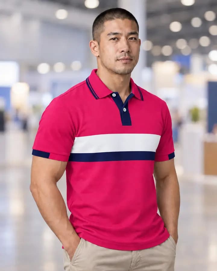 เสื้อโปโลสีบานเย็น แถบคาดอก สีกรมท่าและขาว พร้อมแขนจั๊มครึ่งและขลิบ 4 เส้น ปกขลิบเส้นเล็ก สาบตัดต่อ 2 สี