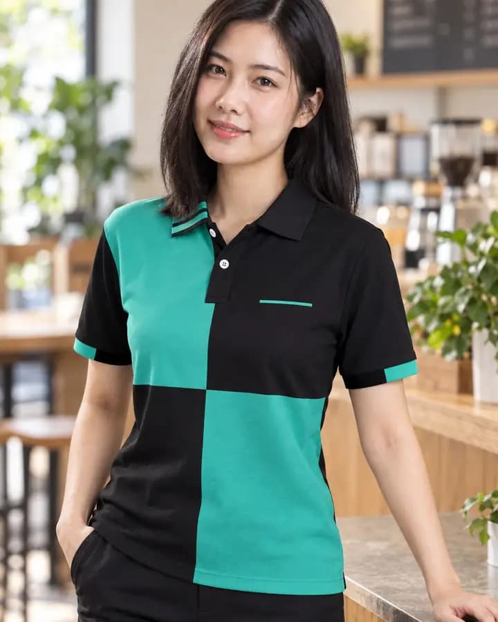 เสื้อโปโลสีดำ บล็อกสลับ 4 ช่อง สีเขียวมิ้นท์ พร้อมแขนจั๊มครึ่งและขลิบ 2 เส้น ปกขลิบปลาย 2 เส้นบาง กระเป๋ากุ๊นแลบ