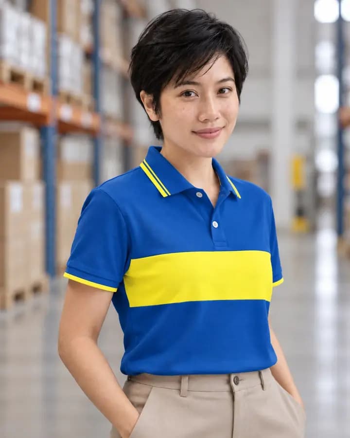 เสื้อโปโลสีน้ำเงิน แถบคาดอก สีเหลืองสด พร้อมแขนต่อแลบ ปกขลิบขอบ 2 เส้น