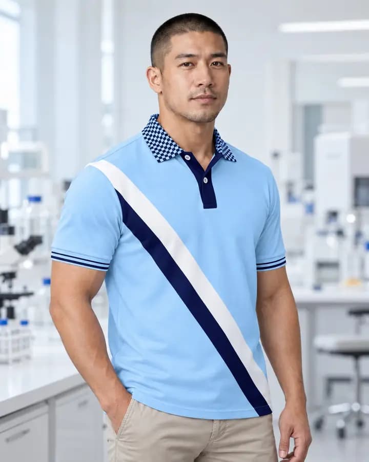 เสื้อโปโลสีฟ้าพาสเทล เฉียงทแยงคู่ สีกรมท่าและขาว พร้อมแขนจั๊มเต็มและขลิบสลับ ปกลายตาราง สาบโชว์