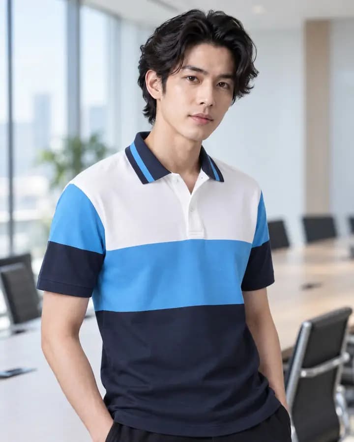 เสื้อโปโลสีเทาเข้ม คาดอก 3 ชั้น สีฟ้าสดและขาว พร้อมปกขลิบปลาย 3 เส้น