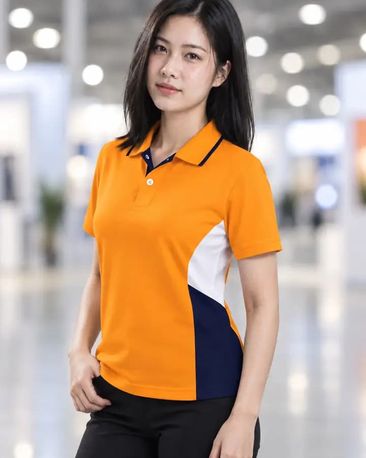เสื้อโปโลสีส้ม ตัดใต้วงแขน 2 ชั้น สีกรมท่าและขาว พร้อมปกขลิบปลายแถบหนา สาบแลบ