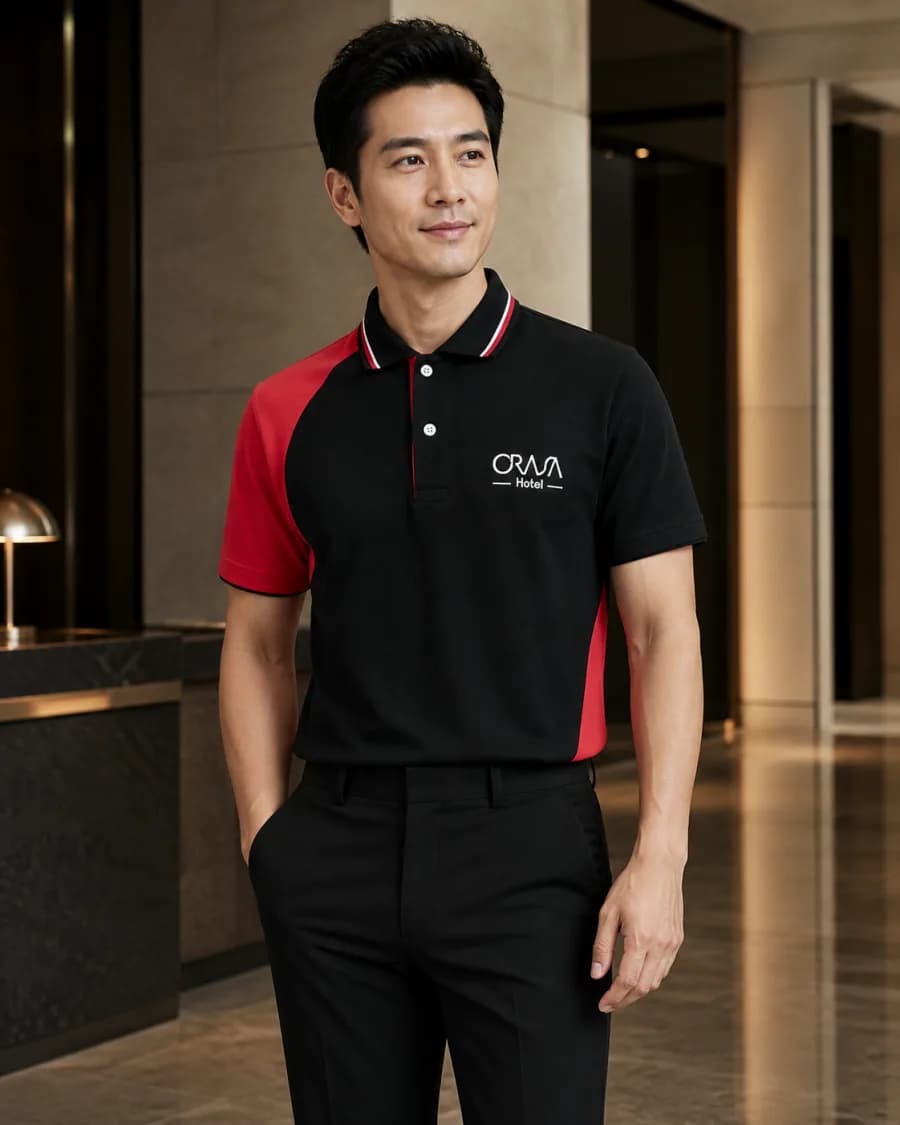 เสื้อโปโลสีดำ ตัดต่อแขนสีแดง ปักโลโก้อกซ้าย สำหรับผู้บริหารและงานทางการ