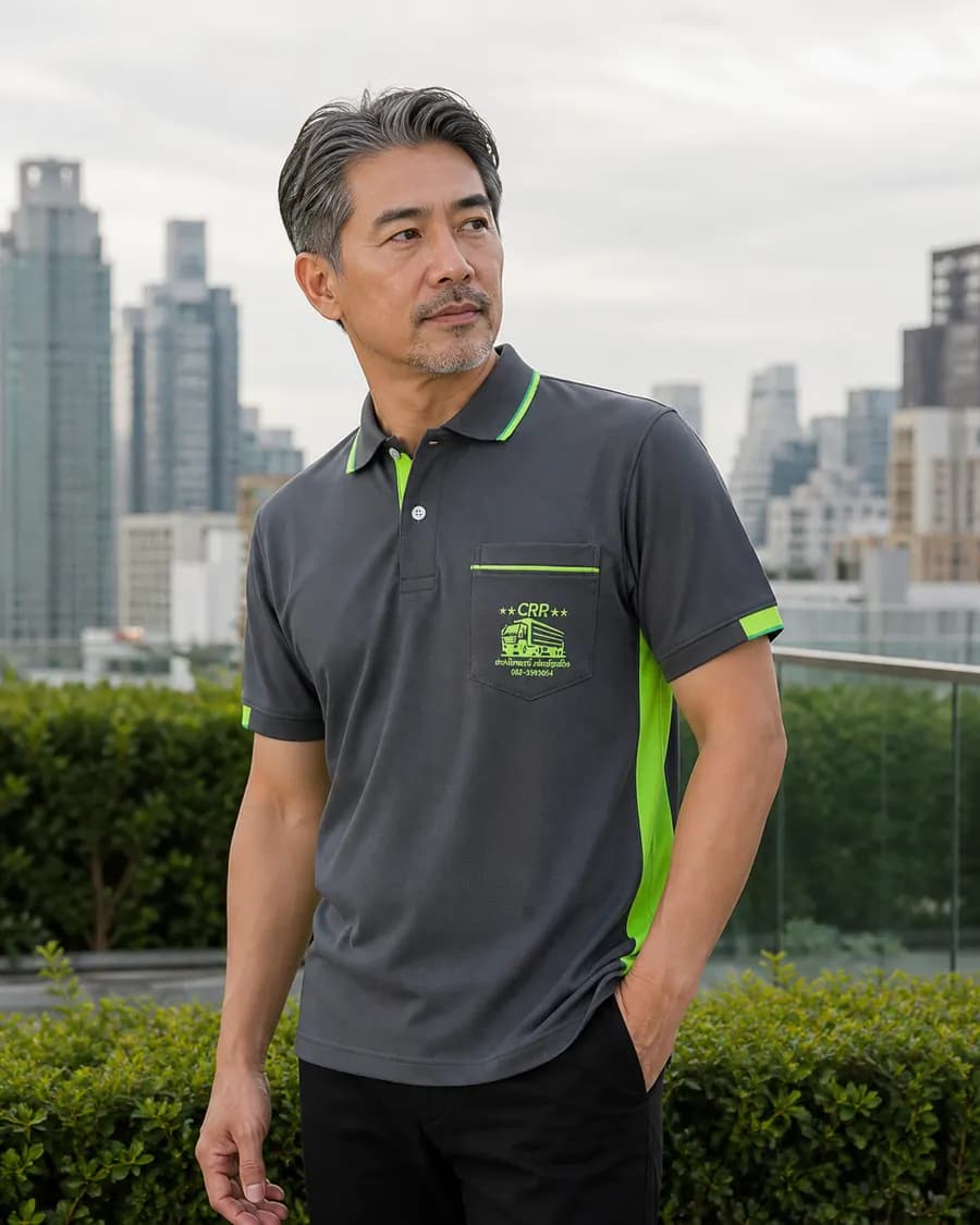 เสื้อโปโลสีเทาเข้ม แผงข้างและขลิบเขียวมะนาว มีกระเป๋าหน้าอก สำหรับทีมขนส่งและคลังสินค้า