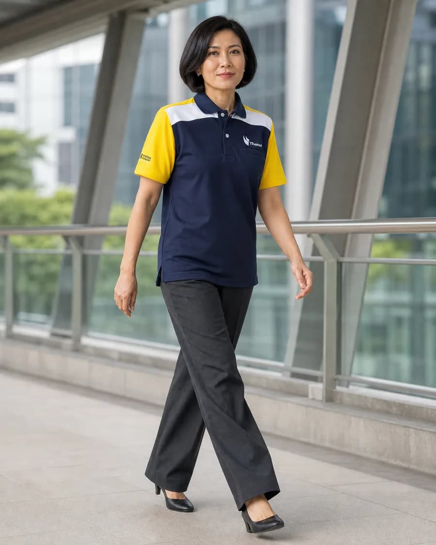เสื้อโปโลสีกรมท่า ตัดต่อบ่าสีเหลือง สำหรับทีมทำงานกลางแจ้ง