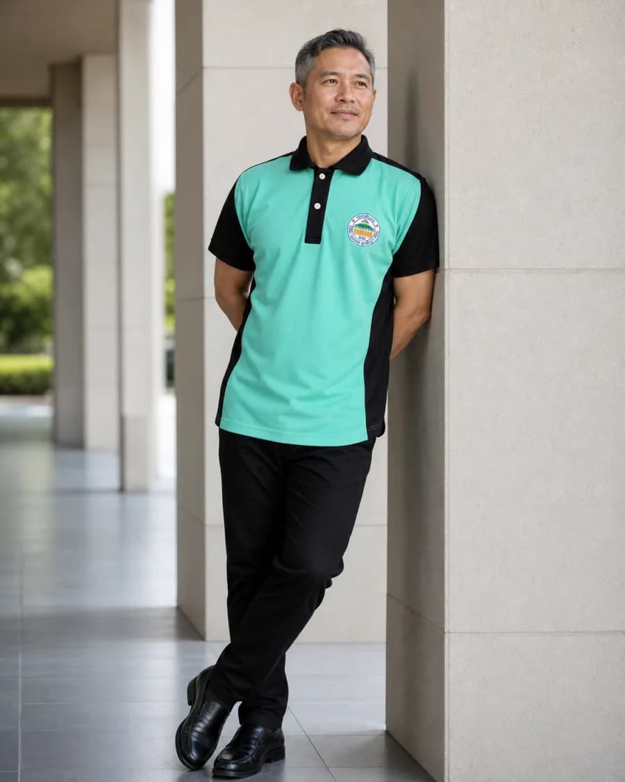 เสื้อโปโลสีเขียวมิ้นต์ ตัดต่อแขนและสาบสีดำ สำหรับทีมบริการหน้าร้าน