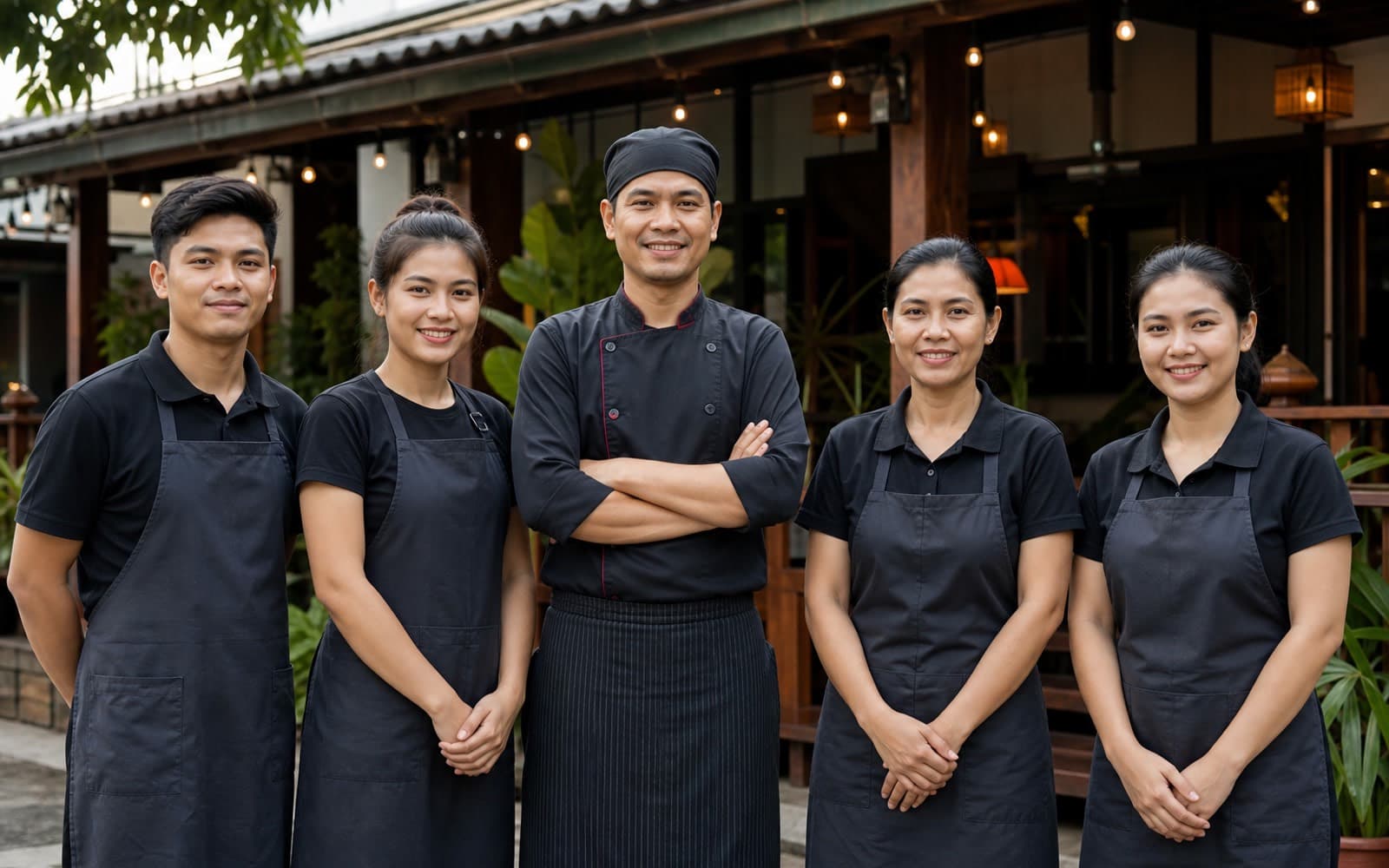 ทีมร้านอาหารใส่ผ้ากันเปื้อนยืนเรียงกันหน้าร้าน