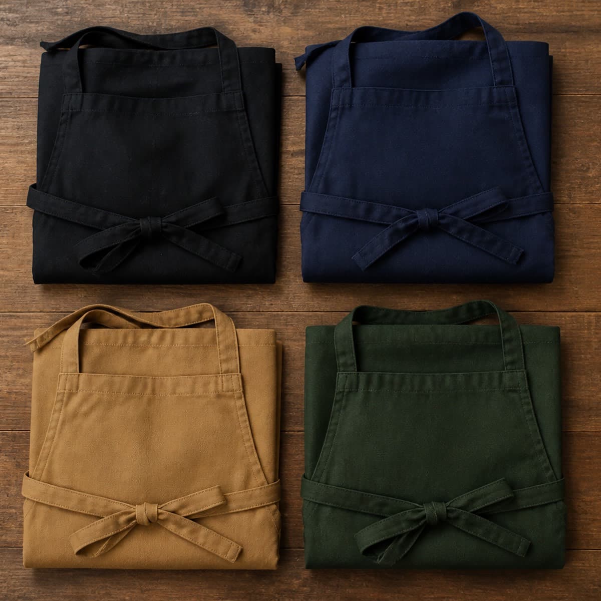 ผ้ากันเปื้อนพับเรียง 4 สี ทั้งดำ กรมท่า น้ำตาลแทน และเขียวเข้ม