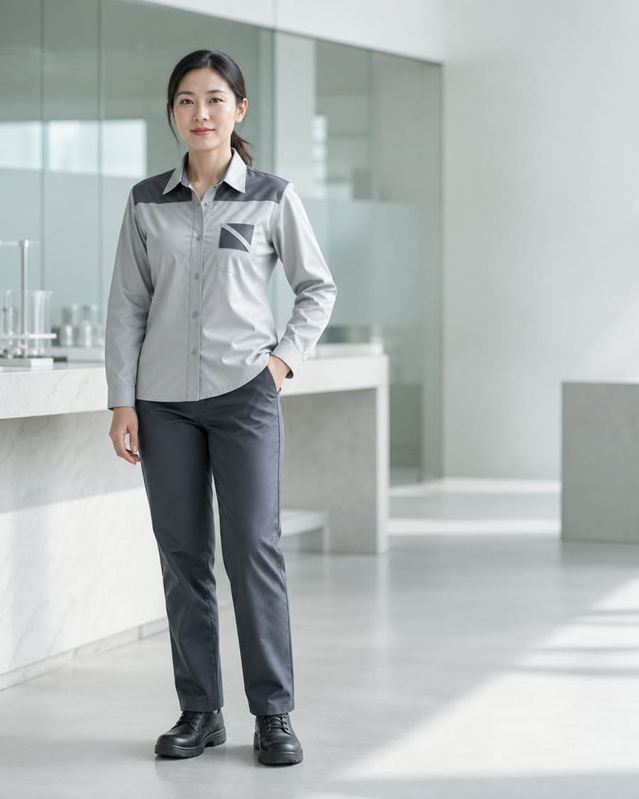 เจ้าหน้าที่ใส่เสื้อช็อปสีเทาอ่อน ตัดต่อบ่าสีเข้ม ยืนในห้องปฏิบัติการ