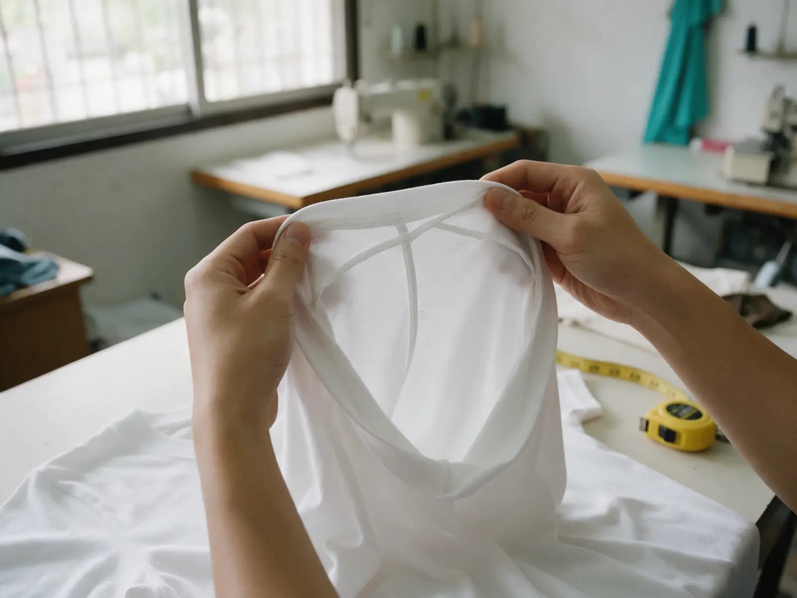 ภาพประกอบ การตรวจตะเข็บด้านในเสื้อยืดพร้อมสายวัด