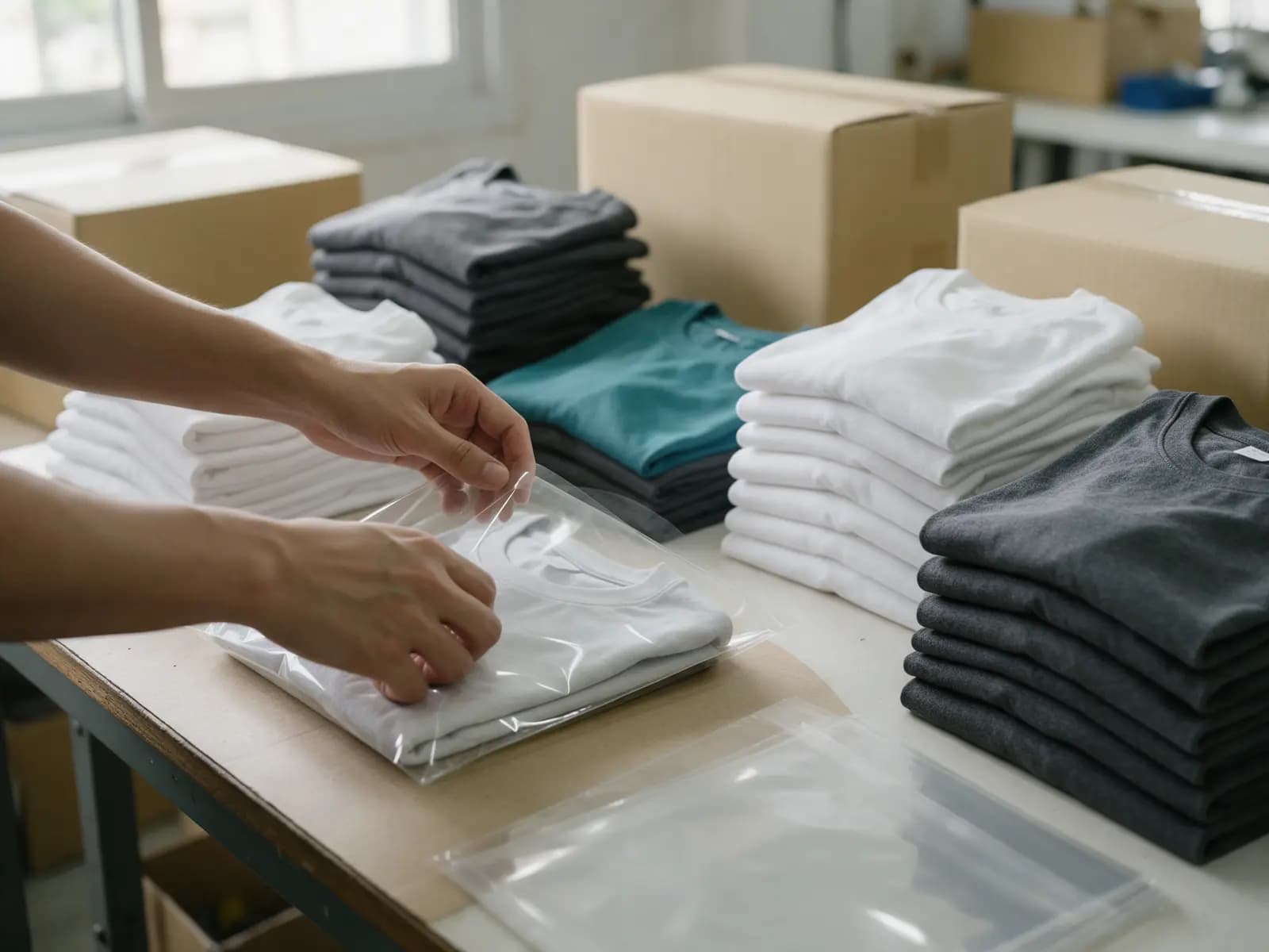 ภาพประกอบ การพับเสื้อยืดใส่ถุงและเรียงตามไซส์